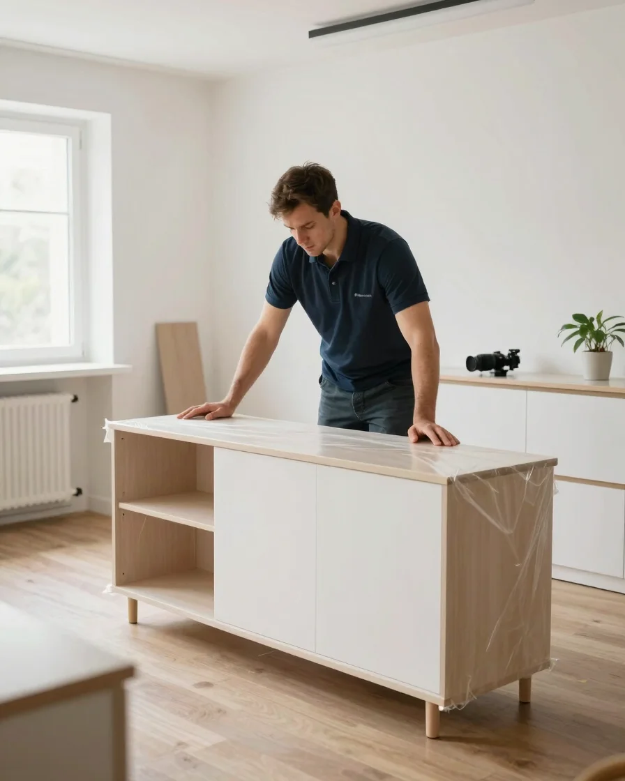 Professional movers carefully wrapping furniture in clean modern apartment, natural daylight, crisp detail