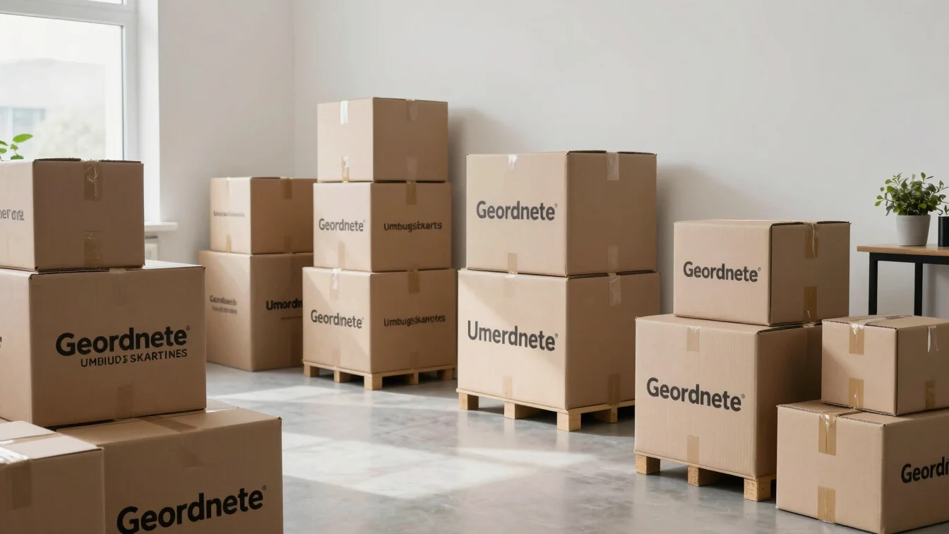 Geordnete Umzugskartons und professionelles Verpackungsmaterial in sauberer Wohnung, natürliches Licht, 35mm lens